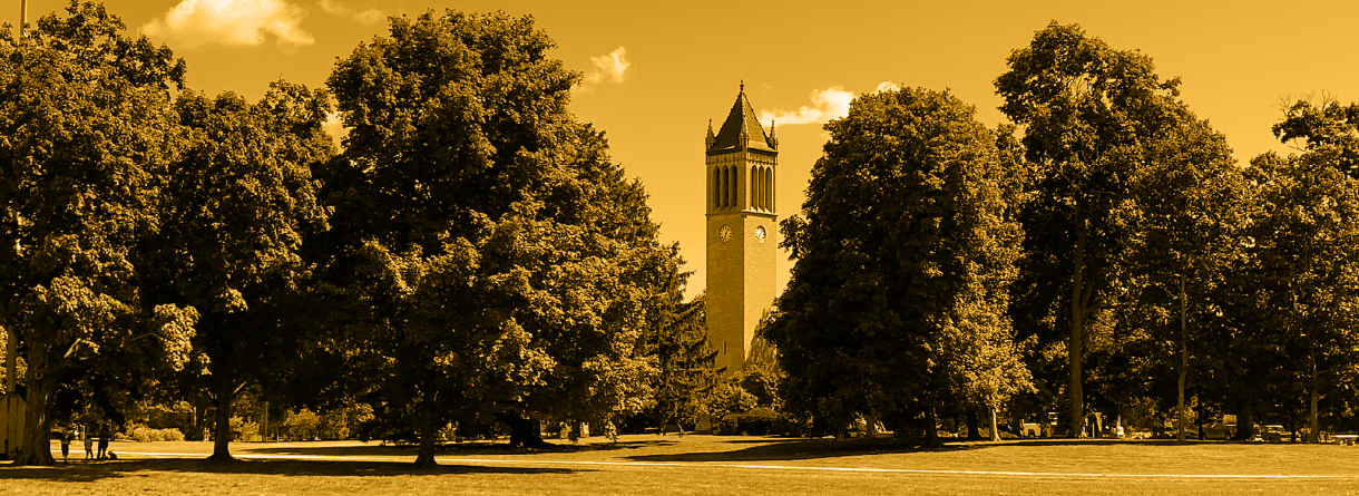 A yellow-tinted photo of the campanile from afar, with trees in the foreground.