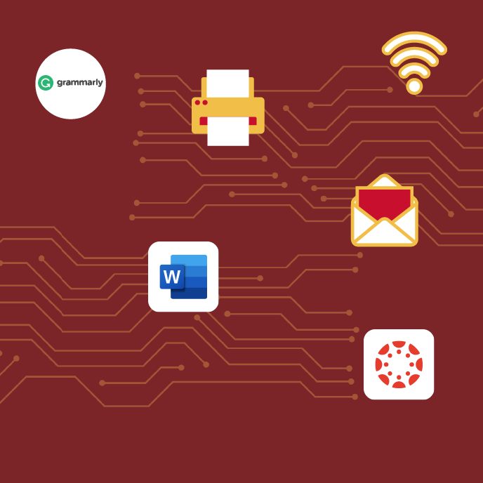 A maroon graphic with icons of technology apps like Word and Canvas.